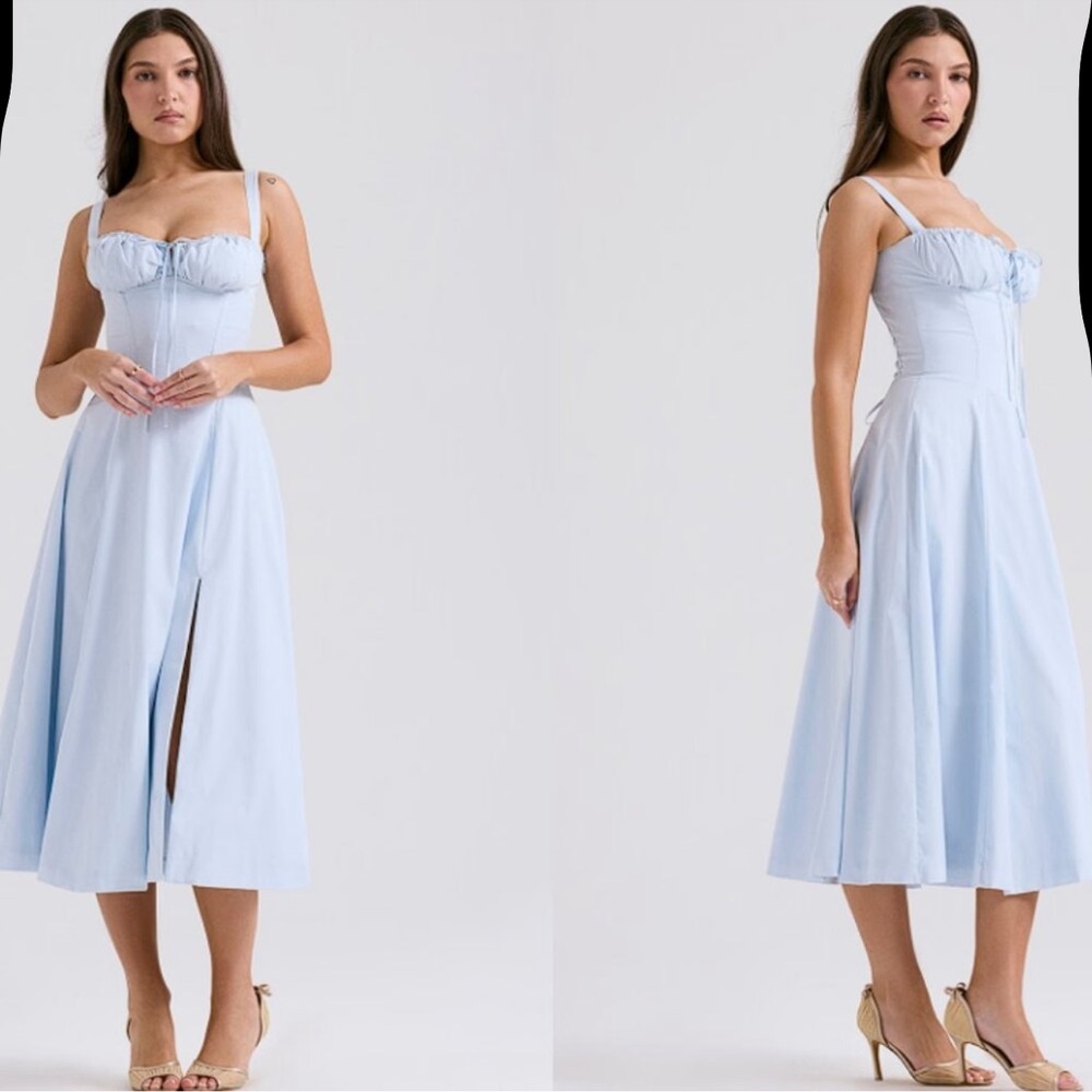 NWOT HOUSE OF CB Carmen Soft Blue Cotton Bustier Sundress sz M plus cup - Picture 2 of 8